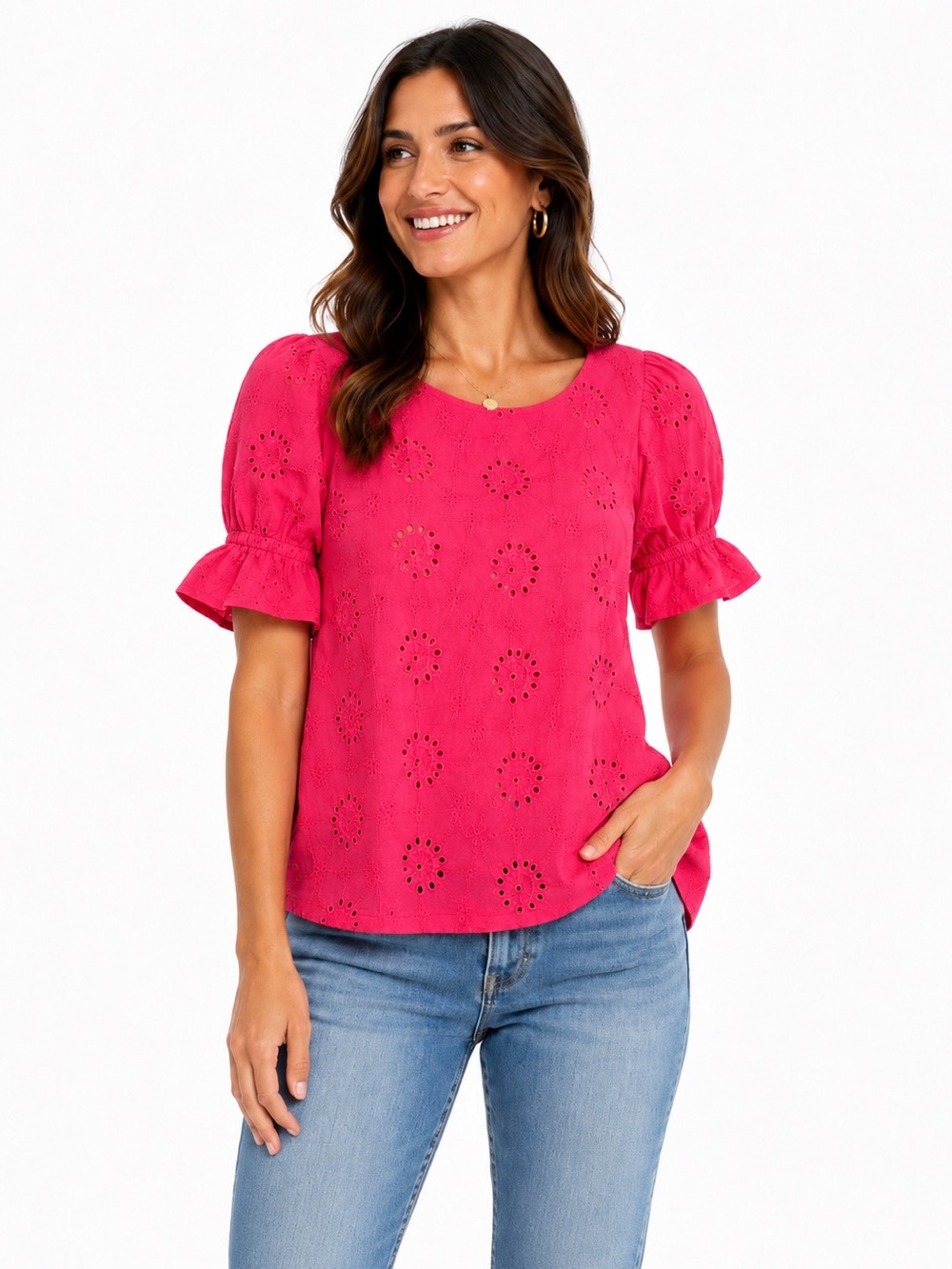Andree by Unit Size Small Round Neck Eyelet Puff Sleeve Top‎ in Hot Pink